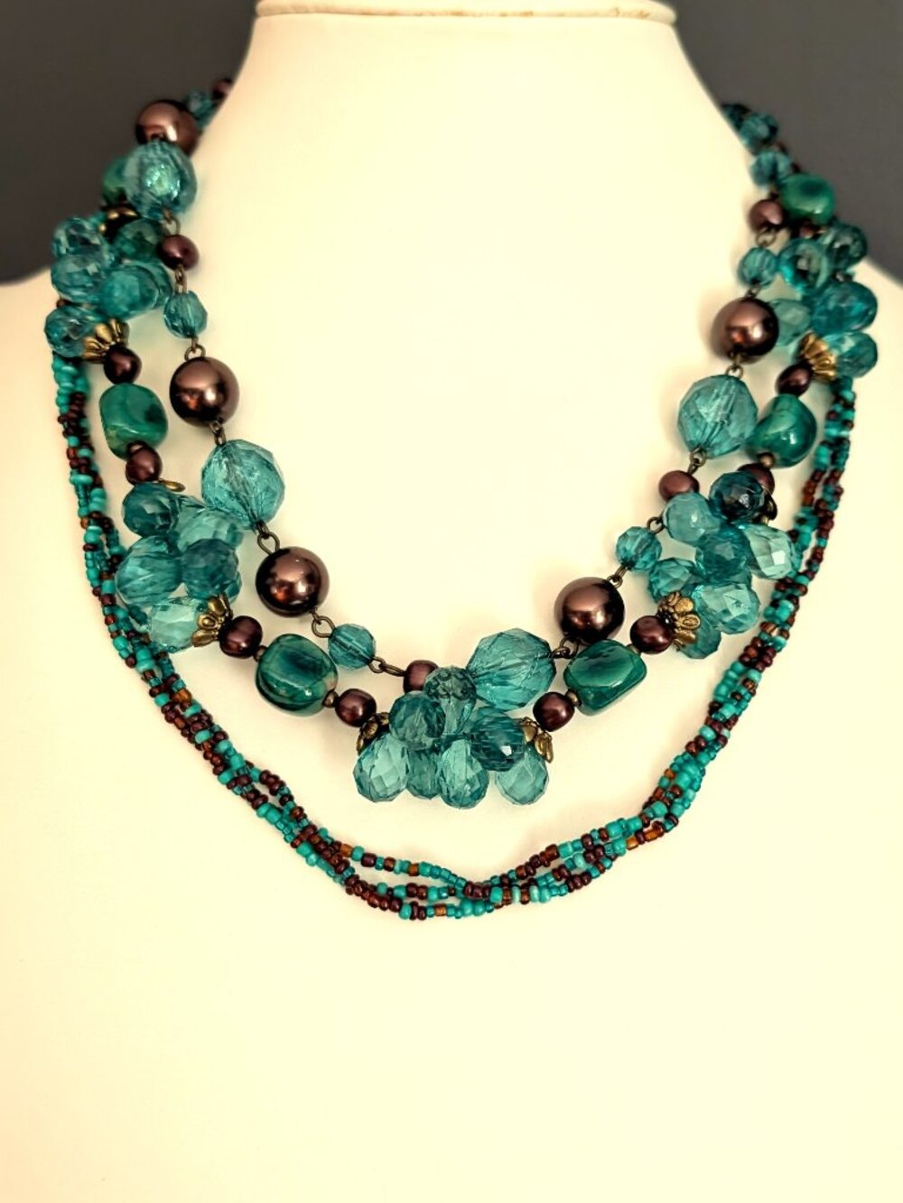 Teal, bronze and gold beaded layered necklace